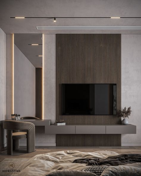 Ruang Tv, Hotel Room Interior, Bedroom Tv Wall, Hidden Cabinet, Unique Bedroom Design, Guest Bedroom Design, تصميم داخلي فاخر, Living Area Design, Modern Bedroom Interior