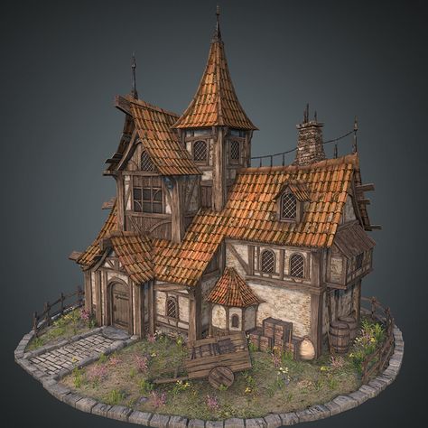 Medieval House Concept, Medieval House Concept Art, Medieval Fantasy House, Fantasy House Art, Fantasy House Concept, Medieval Builds, Taverna Medieval, House Concept Art, Parking Plan