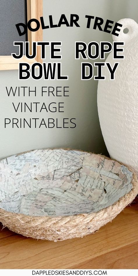 Tutorial to create this DIY jute rope bowl using Dollar Tree supplies. Two decor ideas for this rustic bowl are also included in the post, along with free vintage printables. Jute Rope Bowl / Jute Rope Crafts Home Decor DIY Jute Baskets Diy, Rope Bowls Diy How To Make, Rope Baskets Diy Tutorials, Rope Bowls Ideas, Jute Rope Crafts Home Decor, Jute Rope Diy, Jute Rope Crafts, Rope Basket Tutorial, Rustic Bowl