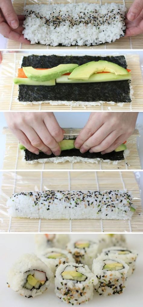 how to make a California Roll step by step Easy Sushi Rolls, Party Rolls, Resep Sushi, California Roll Sushi, Sushi Recipes Homemade, Making Sushi, California Rolls, Veggie Sushi, Sushi Roll Recipes