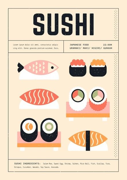 Various sushi geometric print template poster Free Vector Sushi Poster, Japan Graphic Design, Collage Mural, Japanese Poster Design, Flyer Poster, Japanese Poster, Food Poster, Poster Vintage, Room Posters