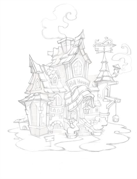 Fantasy House Drawing Sketch, Wizard House Drawing, House On Hill Illustration, Witches House Drawing, Fantasy Houses Art Drawings, Fantasy House Illustration, House On A Hill Drawing, House In The Woods Drawing, Fantasy House Drawing