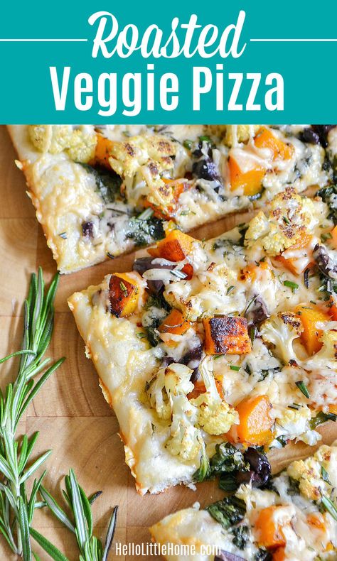 Looking for Fall Pizza Ideas? Then you have to try this amazing Roasted Fall Vegetable Pizza! This easy Roasted Vegetable Pizza Recipe is the perfect way to celebrate autumn with seasonal produce ... top this delicious Vegetarian Pizza with your favorite fall veggies, like Cauliflower, Butternut Squash, and Kale, plus Rosemary and Olives! This Roasted Veggie Pizza is a White Pizza that’s packed with delicious Fall Flavors that you’re going to love + it’s so easy to make. | Hello Little... Roasted Vegetable Pizza Recipes, Vegetarian Pizza Recipes, Veggie Pizza Toppings Ideas, Vegetarian Pizza Ideas, Fall Pizza Ideas, Veggie Pizza Toppings, Roasted Veggie Pizza Recipe, Appetizer Meals, Pizza With Veggies