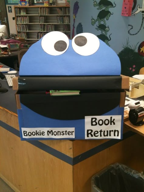 Bookie Monster - Book Return Library Book Return, Book Return, School Library Decor, Library Signage, School Library Displays, Monster Book, School Library Ideas, Library Media Specialist, Elementary Books