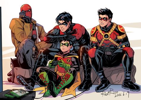 Batboys - Nightwing, Red Hood, Red Robin, and Robin Nightwing Red Hood, Batman Nightwing, Robin Tattoo, Robin Dc, Wayne Family, Bat Boys, Univers Dc, Red Robin, Tim Drake