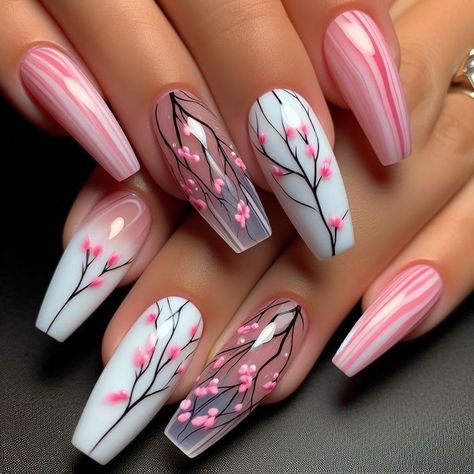 Nail Art Designs Pink And White, Cool Nail Art Ideas, Blossom Nail Art Designs, Long Pink Nail Designs, Black And Pink Nails Ideas, Pink And White Nail Designs, Blossom Nail Art, 2023 Celebration, Flower Nail Design