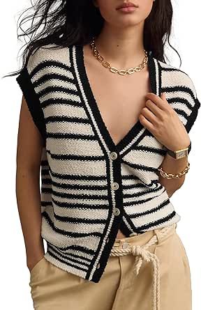 Locachy Womens 2024 V Neck Cap Sleeve Striped Sweater Vest Button Down Sleeveless Knit Tank Tops Striped Sweater Vest, Tops Fall Outfits, Vest Tops Women, White Striped Sweater, Casual Bodysuit, Sleeveless Sweater Vest, Slouchy Sweater, Sweater Vest Women, Sleeveless Knit