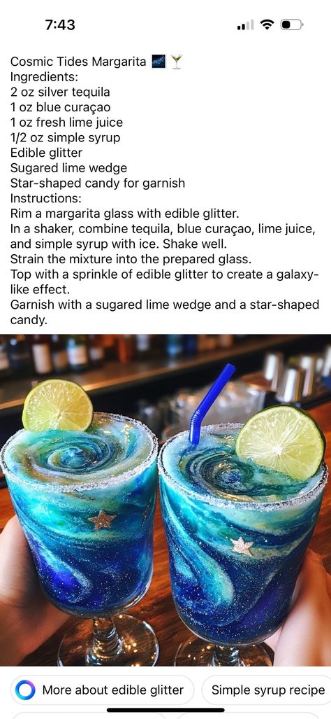 Galaxy Themed Drinks, Coraline Themed Drinks, Space Themed Drinks, Themed Alcoholic Drinks, Galaxy Cocktail, Blue Drinks Alcohol, Edible Glitter Sugar, 21st Birthday Drinks, Mermaid Drink