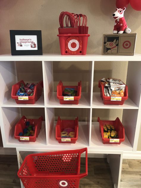 Target Breakroom, Dollar Tree Daycare Ideas, Target Play Store, Target Dramatic Play Center, Target Themed Party, Target Playroom, Chore Store, Target Birthday Party Theme, Target Office Decor