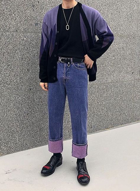 Purple Outfit Korean Men, Purple Dark Academia Outfit Men, Man Purple Outfit, Purple Clothing Men, Purple Clothes Aesthetic Men, Purple Aesthetic Outfit Men, Purple Grunge Outfits Men, Purple Outfit Ideas Men, Purple And Black Outfits Men