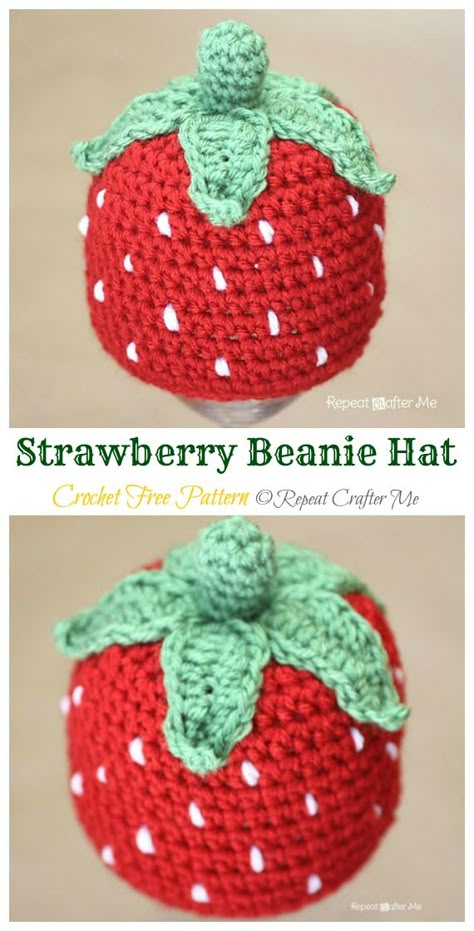 Strawberry Hat Crochet Free Patterns - Crochet & Knitting Strawberry Hat Crochet Pattern, Strawberry Crochet Hat Pattern, Strawberry Hat Crochet Pattern Free, Crochet Fun Hats Free Pattern, Strawberry Crochet Beanie, Crochet Fruit Beanie, Fruit Hat Crochet, Strawberry Hat Crochet, Crochet Strawberry Hat