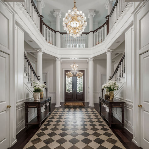 8 Ways To Decorate Your Lobby and Foyer For a Grand Entrance Grand Foyer Entrance, Home Foyer, Home Lobby, Traditional Apartment, House Foyer, Creating An Entryway, Old Money House, Foyer Ideas, Decals Codes