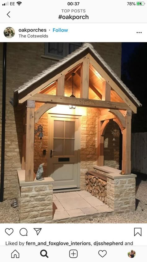 Oak Porch, Timber Frame Porch, Cottage House Interior, Cottage Front Doors, Home At Night, Porch Canopy, Cottage Porch, House Front Porch, Yellow Door