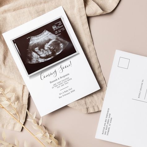 Sonogram Typography Ultrasound Photo Pregnancy Announcement Postcard Pregnancy Announcement Cards, 2nd Birthday Invitations, Pregnancy Journal, Pregnancy Announcements, Baby On The Way, Pregnancy Reveals, Ultrasound, Exciting News, Pregnancy Photoshoot