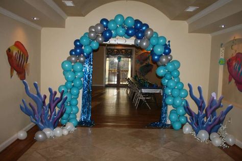 Enchantment Under the Sea Dance | CatchMyParty.com                                                                                                                                                                                 More Enchantment Under The Sea Dance, Under The Sea Dance, Enchantment Under The Sea, School Dance Ideas, Beach Dance, Under The Sea Decorations, Sea Party Ideas, Dance Decorations, Prom Themes