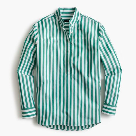 J.Crew: Band-collar Popover Tunic In Bold Stripe Crew Clothing, Cotton Poplin Shirt, Short Coat Jackets, Bold Stripes, Band Collar, Poplin Shirt, Striped Linen, Green Stripes, Cotton Poplin