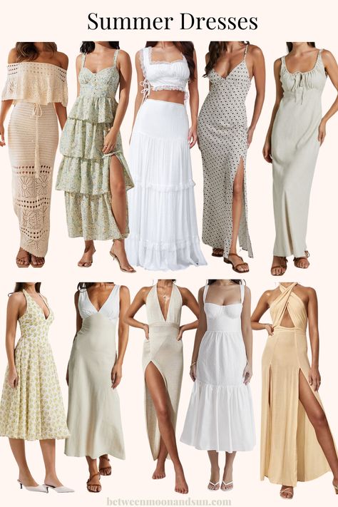 The ultimate guide to stunning Summer dresses: long and flowy maxi dresses, cute midi dresses, hot mini dresses - find your perfect sundress for any occasion. Casual dresses for a walk on the beach, classy and chic dresses for strolling through a coastal town, and vibrant and hot dresses for a night out. Refresh your wardrobe and look your best on your vacation! #SummerDresses #VacationOutfits #Sundress #LongSummerDress #ShortSummerDress #SummerDress #MaxiDress #WhiteSummerDress Summer Beach Dresses For Women, Summer Dresses For Beach Vacation, Beach Dress Ideas, Cute Midi Dresses, Elegant Sundress, Classy Beach Outfit, Women Sundresses, Trendy Summer Dresses, Beach Dress Outfit