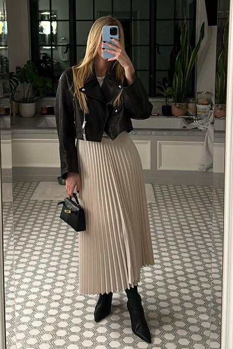 Everyday Pleated Midi Skirt curated on LTK Skirt Outfit Winter Aesthetic, Pleated Midi Skirt Outfit Winter, Cream Pleated Skirt Outfit, Leather Jacket And Skirt Outfit, Maxi Pleated Skirt Outfit, Fall Outfits With Skirts, Pleated Maxi Skirt Outfit, Feather Tattoo Ideas For Women, Black Pleated Skirt Outfit