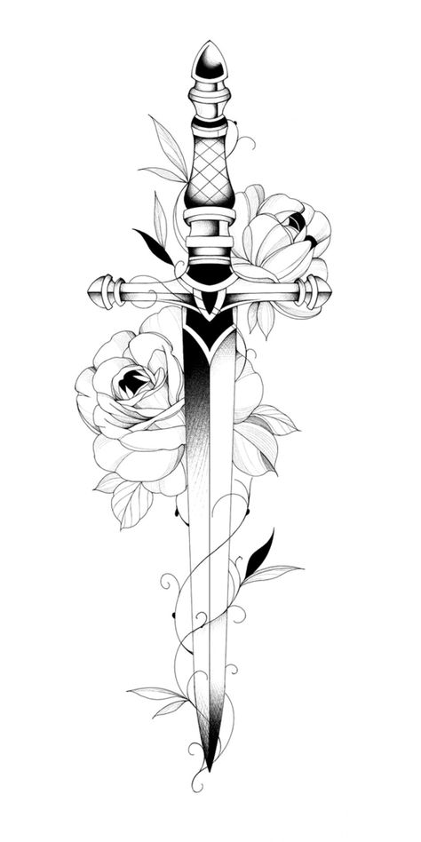 Animals With Knives Tattoos, Dagger With Flowers Tattoo, Dragon Tattoo Outline, Rose And Dagger Tattoo, Rose And Dagger, Rose Drawing Tattoo, Tattoo Maker, Tattoos Infinity, Petit Tattoo