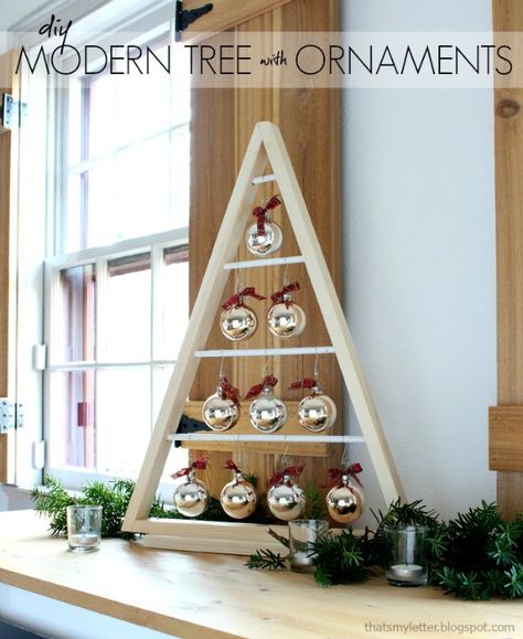 DIY Modern Tree with Ornaments | That's My Letter | Bloglovin’ Christmas Card Display, Diy Christmas Ornament, Wooden Christmas Tree, Modern Christmas Decor, Ornament Display, Tabletop Christmas Tree, Wood Christmas Tree, Christmas Tree Cards, Wooden Christmas Trees