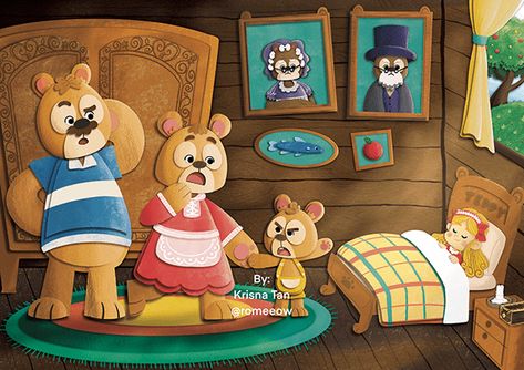 Goldilocks And The Three Bears Illustration, Goldilocks Illustration, Goldilocks And Three Bears, Goldilocks And The Three Bears, The Three Bears, Digital Art Drawing, 3 Bears, Three Bears, Bear Illustration