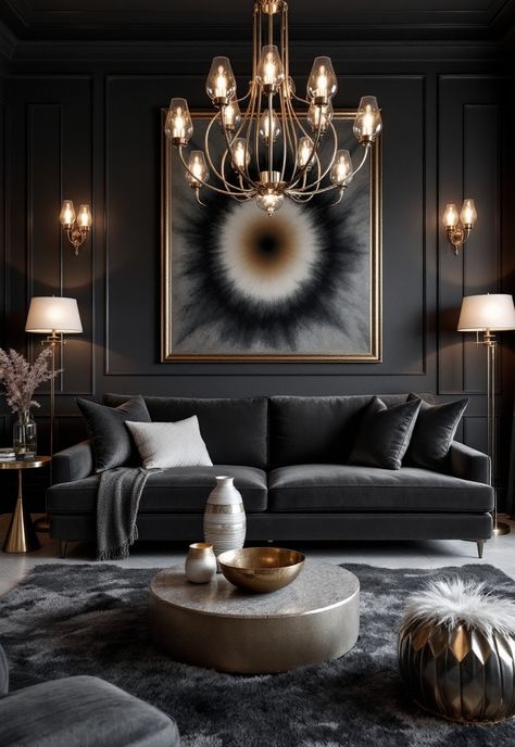 Dark Grey Couch Living Room Dark Cozy Living Room, Modern French Living Room, Cozy Living Room Aesthetic, Grey Couch Living Room Ideas, Dark Grey Couch, Modern Living Room Black, Couch Designs, Dark Grey Couch Living Room, Dark Grey Couches