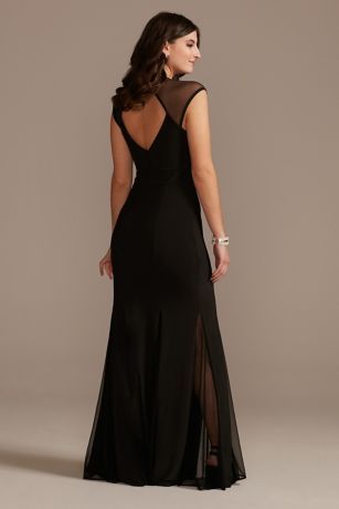 Illusion Cap Sleeve Open Back Jersey Sheath Gown | David's Bridal Black Bridesmaid Dress, Sleeve Prom Dress, Cap Sleeve Prom Dress, Black Bridesmaid, Sheath Gown, Gown Style, Black Bridesmaid Dresses, Virtual Stylist, Cap Dress