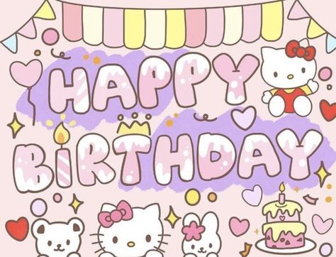 Hello Kitty Birthday Card, Happy Birthday Drawings, Birthday Doodle, Cute Happy Birthday, Happy Birthday Wallpaper, Hello Kitty Crafts, Images Kawaii, Kitty Drawing, Happy Birthday Pictures