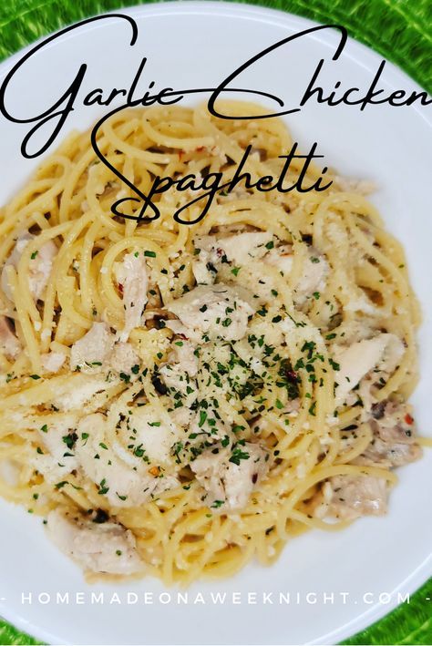 Want big #GarlicFlavor in a super #easydinner - then you want Garlic Chicken Spaghetti https://homemadeonaweeknight.com/2021/04/30/garlic-chicken-spaghetti/ #chickenspahetti #garlicgarlicgarlic Spaghetti Noodles And Chicken Recipes, Garlic Butter Chicken Spaghetti, White Chicken Spaghetti Recipe, Garlic Spaghetti Recipes, Chicken Thigh Spaghetti, Joanna Gaines Chicken Spaghetti, Grilled Chicken Spaghetti, Garlic Chicken Spaghetti, Foodie 101