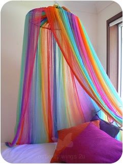 Net Canopy.... I wonder if I made one (not this color) if it would help keep my dog off of my bed when I'm not home. Dog Bed Canopy, Rainbow Canopy, Unicorn Bedroom Ideas, Net Canopy, Rainbow Bed, Rainbow Bedroom, Unicorn Bedroom, Unicorn Room, Rainbow Decor