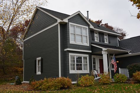 Iron Gray Hardie Siding, James Hardie Iron Gray, Shake Shingle Siding, Gray Siding, Black Metal Roof, James Hardie Siding, Grey Siding, Shake Shingle, Types Of Siding