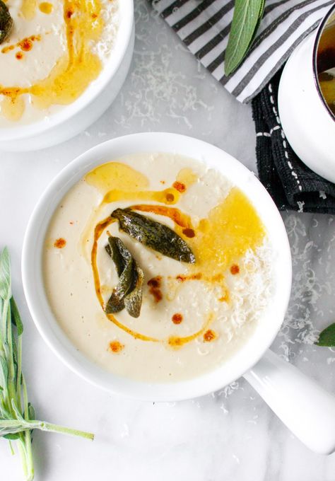 Creamy Cauliflower Soup with Fried Sage & Brown Butter Autumn Dinner Recipes, Butter Soup, Cauliflower Cheese Soups, Fried Sage, Sage Recipes, Autumn Dinner, Creamy Cauliflower Soup, Light Soups, Creamy Cauliflower