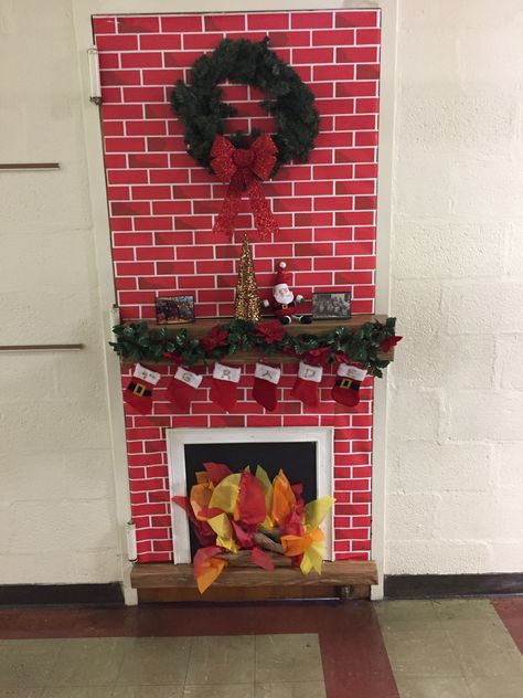 Christmas Fireplace Door Decorations, Fireplace Christmas Door Decorations, Door Decorating Contest Christmas Office Fireplace, Decorate A Door For Christmas Contest, Classroom Door Decor Christmas, Fireplace Classroom Door, Christmas Door Decorations For School Contest, Classroom Fireplace, Winter Doors