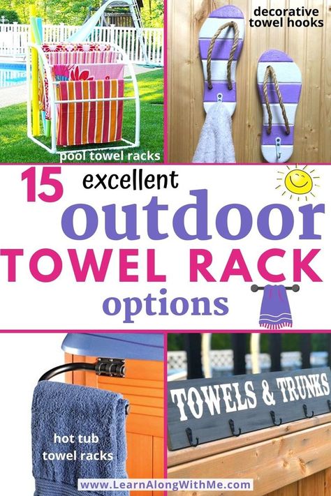 Keep your towels off the lawn or fence with one of these 15 excellent outdoor towel rack options.  There are some popular pool towel rack options, hot tub towel racks, and some great outdoor towel hooks. 
So not only are these good options for keeping your towels dry, but they can also make your backyard look better and more organized.

A  lot of people drape wet pool towels over the chain link fence surrounding their pool but this can get them dirty. Here are some better options. Diy Towel Drying Rack For Pool, Hanging Beach Towels Outside, Towel Racks For Pool Area, Wet Pool Towel Storage Ideas, Outdoor Pool Towel Holder, Diy Hot Tub Towel Rack Outdoor, Diy Towel Holder For Pool, Pool Towels Drying, Lake Towel Drying Rack