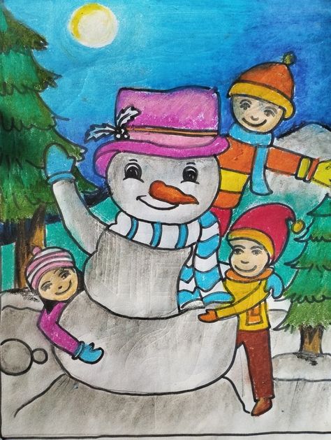 Christmas Celebration Drawing, Winter Drawings Easy For Kids, Christmas Day Drawing, Day Scenery, Basic Drawings, Easy Scenery, Easy Scenery Drawing, Kid Drawing