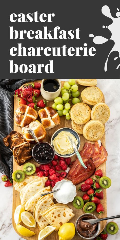 A wooden board filled with breakfast ingredients. Brunch Boards, Miniature Breakfast, Breakfast Charcuterie Board, Homemade Crumpets, Breakfast Charcuterie, Board Breakfast, Breakfast Boards, Brunch Board, Breakfast Spread