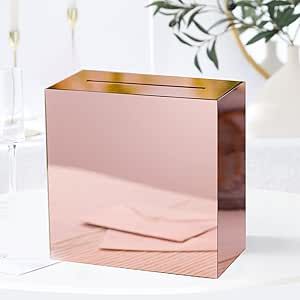 UNIQOOO Metallic Rose Gold Mirror Acrylic Wedding Card Box with Slot, Large 10x10x5.5 inch Blank No Print | Thick DIY Wedding Receptions Wishing Well Money Box, Graduation, Birthday, Memory Box Acrylic Wedding Card, Gold Card Box, Acrylic Card, Gold Mirror Acrylic, Diy Wedding Reception, Acrylic Signage, Wedding Card Box, Gift Card Boxes, Box Roses