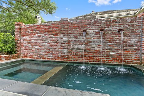 Lakeshore Pool Brick, Pool Brick Wall, Pool With Brick Wall, Brick Wall Waterfall, Brick Swimming Pool, Pools With Brick Surround, Brick Wall Fountain Pool, Hillside Pool, Small Pools Backyard