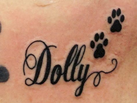 In honor of My Morkie, Dolly...paw prints and name tattoo Dolly Tattoos, Dolly Tattoo, Phrase Tattoos, Om Tattoo, Memorial Tattoo, Name Tattoo Designs, Memorial Tattoos, Dont Touch My Phone Wallpapers, Name Wallpaper