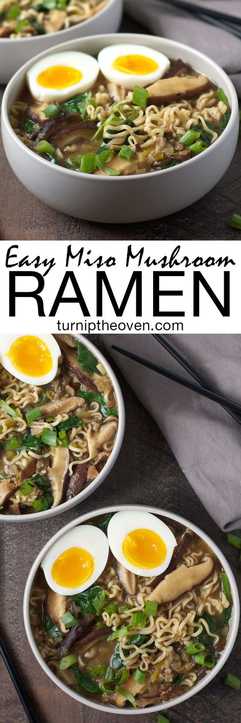 This easy and healthy miso mushroom ramen is vegetarian (with a vegan option). You can make it in under an hour using only 10 supermarket-friendly ingredients! Mushroom Ramen, Miso Ramen, Mushroom Broth, Homemade Ramen, Soup Ideas, Spinach Soup, Ramen Recipes, Goulash, Rigatoni