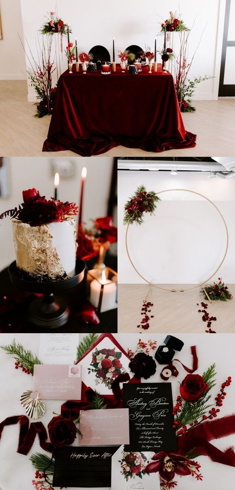 Dark Red Wedding Table Decorations, Black And Burgundy Sweetheart Table, Black And Red Winter Wedding, Red Wedding Theme Simple, Red And Black Romantic Wedding, Red And Black Fall Wedding Ideas, Red Black And Silver Wedding Decorations, Red Black Champagne Wedding, Black And Red Christmas Wedding