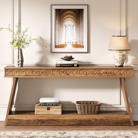 Gracie Oaks 70.87-inch Console Table With Storage | Wayfair Foyer Buddha, Studio Mcgee Console Table, Entryway Console Table Decorating, Long Narrow Console Table, Granny Decor, Long Entryway Table, Long Entryway, Console Table With Shelf, Rustic Entryway Table