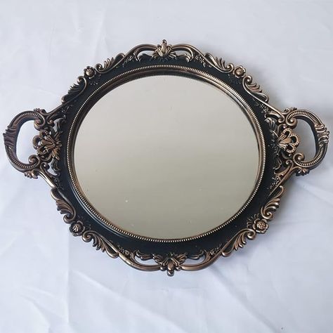 Amazon.com: YANIZU Decorative Mirror Tray, Round with Handles, Organizer for Perfume, Makeup, Jewelry, Vintage Display and Serving Tray for Dresser, Counter and Coffee Table, 15.8" x 13", Black : Home & Kitchen Tray For Dresser, French Style Mirrors, Jewelry Dresser, Mirror Vanity Tray, Perfume Jewelry, Gold Tray, Perfume Tray, Mirror Tray, Vintage Display