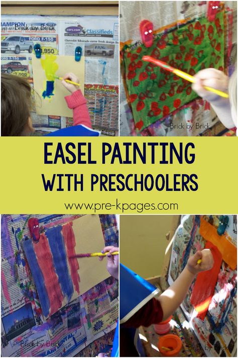 easel painting preschool art: Painting develops literacy skills. Preschoolers make marks on a page to show their ideas or thoughts. They begin to understand how symbols can stand for other things–this is a house and this is me. Preschool Art Easel Ideas, Preschool Easel Art, Preschool Easel Activities, Easels For Painting, Easel Art Ideas Preschool, Easel Ideas For Preschool, Easel Painting Ideas Preschool, Easel Activities For Preschool, Art Corner Preschool