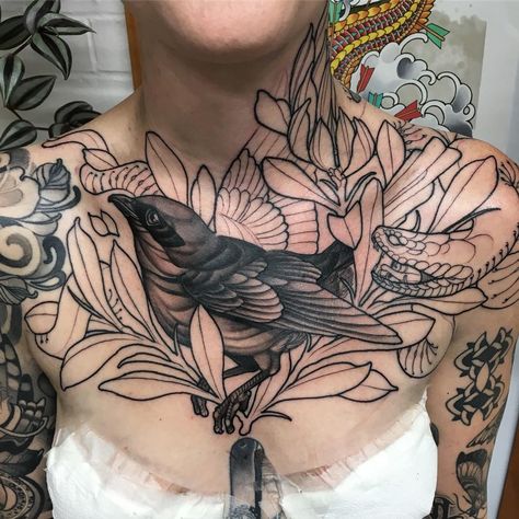 ade a start on @ccyle chest and neck.  She sat like a champ.  I’ve sent her home with a cool cling film wrap to go with that bra.done Neotrad Chest Tattoo, Traditional Tattoo Chest, Traditional Tattoo Neck, Tattoo Chest Piece, Tattoo Neck, Tattoo Chest, Chest Tattoos, Cling Film, A Start