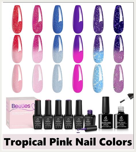 Beetles Color Changing Gel Nail Polish Kit, 6 Colors Pink Red Glitter Blue Purple Temperature Change and 2pcs 7.5ml No Wipe Gel Top Coat and Base Coat Set Beetle Nails, Led Nails, Color Changing Gel Polish, Pink Nail Colors, Nail Polish Kit, Color Changing Nails, Cat Eye Gel Polish, Nail Polish Storage, Glitter Gel Polish