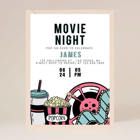 Movie Night Birthday Party Invitation | Editable on Corjl https://etsy.me/3lAAJQo #birthday #movienightparty #movieparty #oscarsparty #birthdayinvitation #editabletemplate #digitaldownload #simplemodernparty Backyard Movie Party Invitations, Movie Night Invitations Free, Backyard Movie Night Invitations, Movie Night Invitations Template, Movie Night Themed Birthday Party Zazzle, Movie Night Invitations Zazzle, Movie Night Birthday, Night Birthday Party, Movie Night Invitations