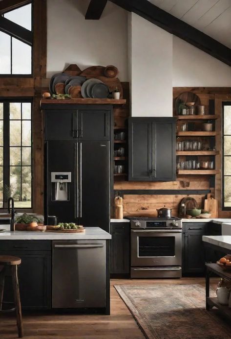 33 Modern Farmhouse Kitchen Ideas: Blending Rustic Charm with Contemporary Design 12 Black Western Kitchen, Black Farmhouse Kitchen, Milford Pa, Hornet Nest, Modern Farmhouse Kitchen Ideas, Brown Kitchen Ideas, Dark Industrial, Industrial Farmhouse Kitchen, Arizona Decor