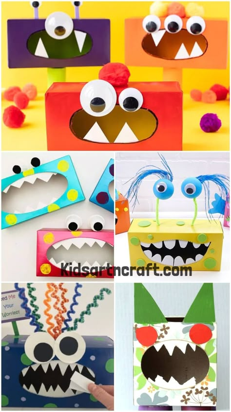 Recycled Tissue Box Monster Crafts Monster Tissue Box Craft, Tissue Box Halloween Crafts, Monster Box Diy, Cardboard Monster, Monster Activities For Toddlers, Tissue Box Crafts For Kids, Tissue Paper Halloween Crafts, Monster Boxes Ideas, Tissue Box Diy