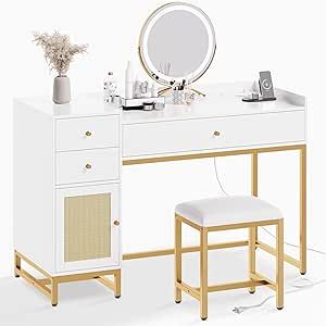 Lamerge Makeup Vanity Desk with Stool, Rattan Makeup Table Vanity Table Set with Power Outlet,Dressing Table with Drawers & Cabinet, Makeup Desk for Bedroom,Women, Girls, White+Gold Vanity And Office Desk Combo, Dressing Console, Boho Vanity, Vanity Station, Small Vanity Table, Office Table And Chairs, Desk For Bedroom, Bedroom Women, White Vanity Desk